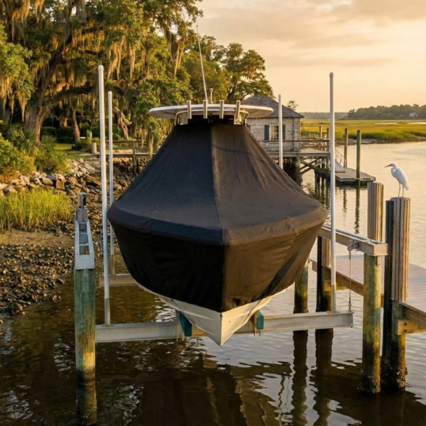 Scout 255 Dorado T-Top boat cover in charcoal Sunbrella fabric on dock lift at Bluffton South Carolina marina