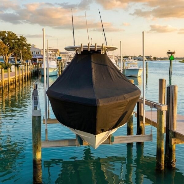 Scout 255 LXF T-Top boat cover in black Sunbrella fabric on dock lift at Morehead City North Carolina