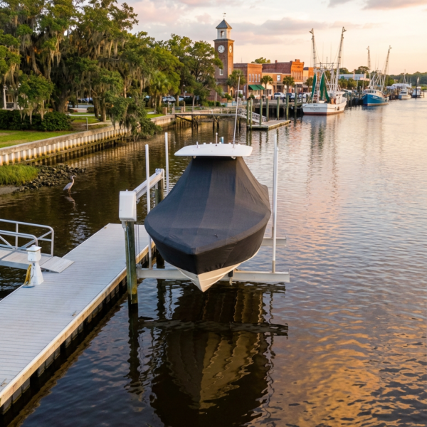 Scout 260 LXF T-Top boat cover in charcoal Sunbrella fabric on dock lift at Georgetown South Carolina