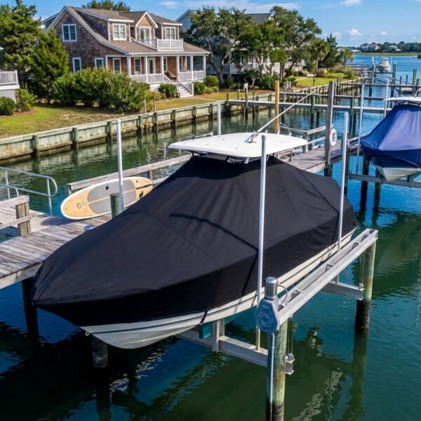 Scout 260 T-Top boat cover in black Sunbrella fabric on canal lift at Wrightsville Beach North Carolina