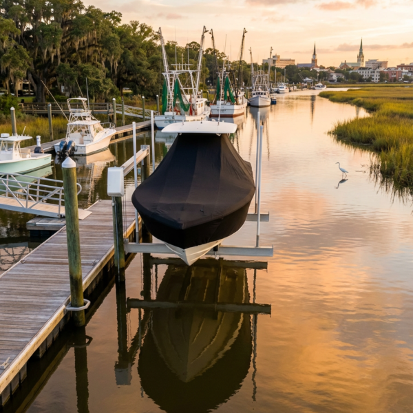 Scout 261 XSS T-Top boat cover in black Sunbrella fabric on dock lift at Savannah Georgia