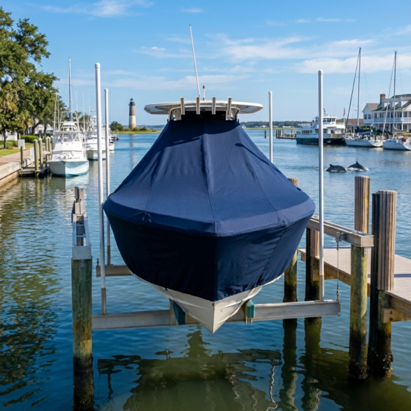 Scout 262 T-Top boat cover in navy Sunbrella fabric on dock lift at Southport North Carolina