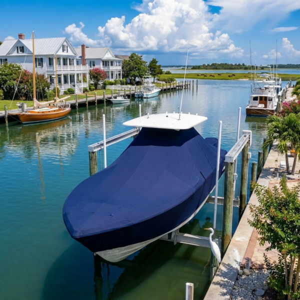 Scout 275 Dorado T-Top boat cover in navy Sunbrella fabric on dock lift at Beaufort North Carolina