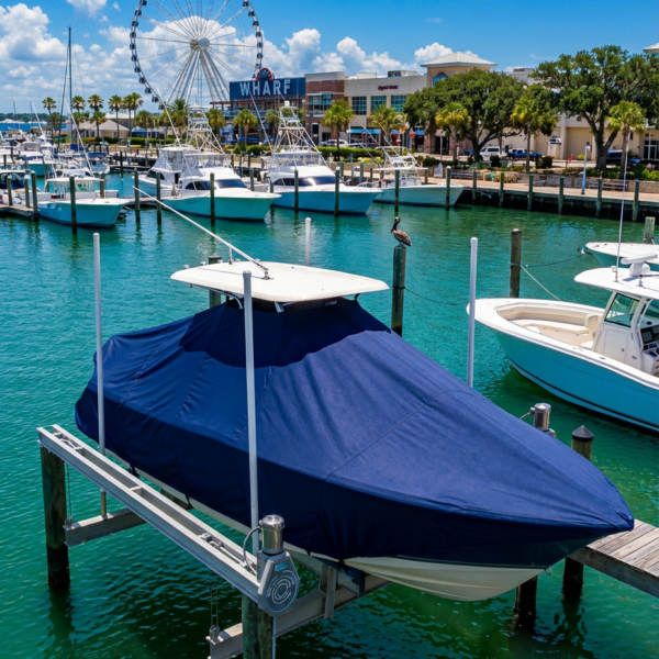 Scout 275 LXF T-Top boat cover in navy Sunbrella fabric on dock lift at Orange Beach Alabama