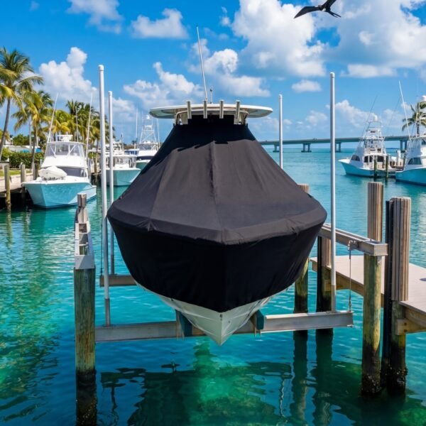 Scout 277 LXF T-Top boat cover in black Sunbrella fabric on dock lift at Islamorada Florida