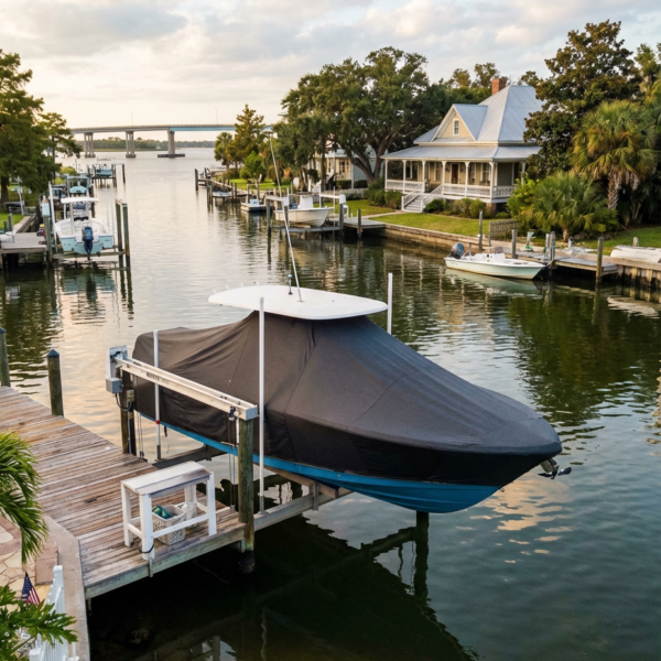 Scout 281 XSS T-Top boat cover in charcoal Sunbrella fabric on canal lift at Apalachicola Florida