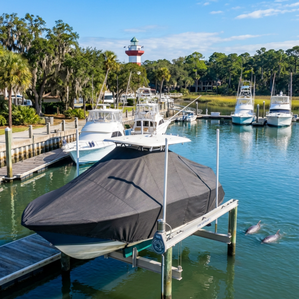 Scout 282 T-Top boat cover in charcoal Sunbrella fabric on dock lift at Hilton Head Island South Carolina
