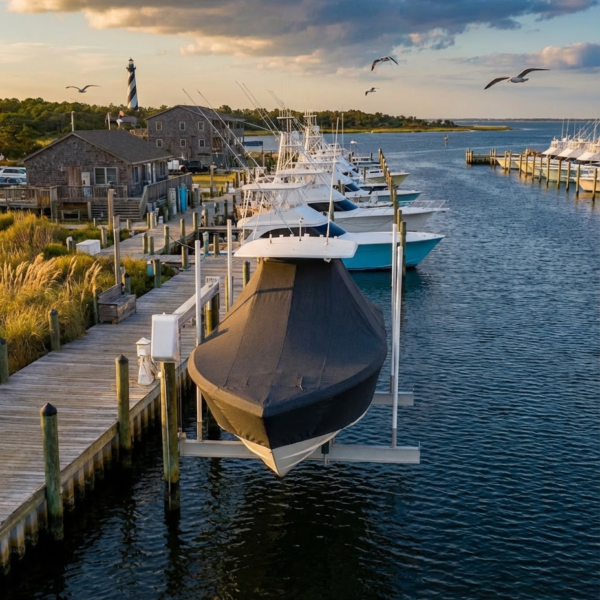 Scout 300 LXF T-Top boat cover in charcoal Sunbrella fabric on dock lift at Hatteras Village North Carolina