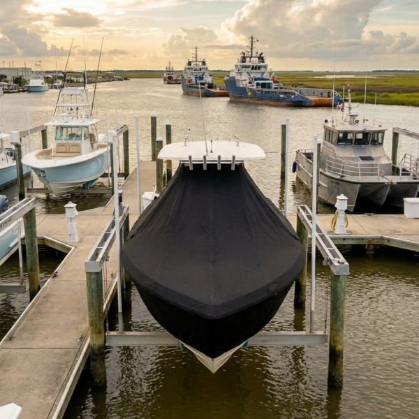 Scout 320 LXF T-Top boat cover in black Sunbrella fabric on dock lift at Venice Louisiana