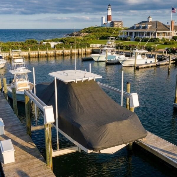 Scout 330 LXF S-Class T-Top boat cover in charcoal Sunbrella fabric on dock lift at Montauk New York