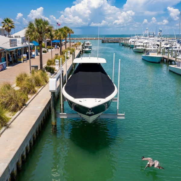 Scout 355 T-Top boat cover in black Sunbrella fabric on dock lift at Port Aransas Texas