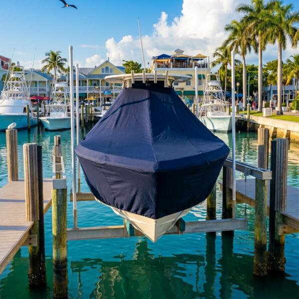 Scout 377 LXF T-Top boat cover in navy Sunbrella fabric on dock lift at Key West Florida