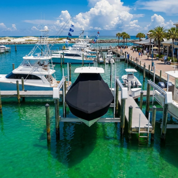 Scout 380 LXF T-Top boat cover in black Sunbrella fabric on dock lift at Destin Florida