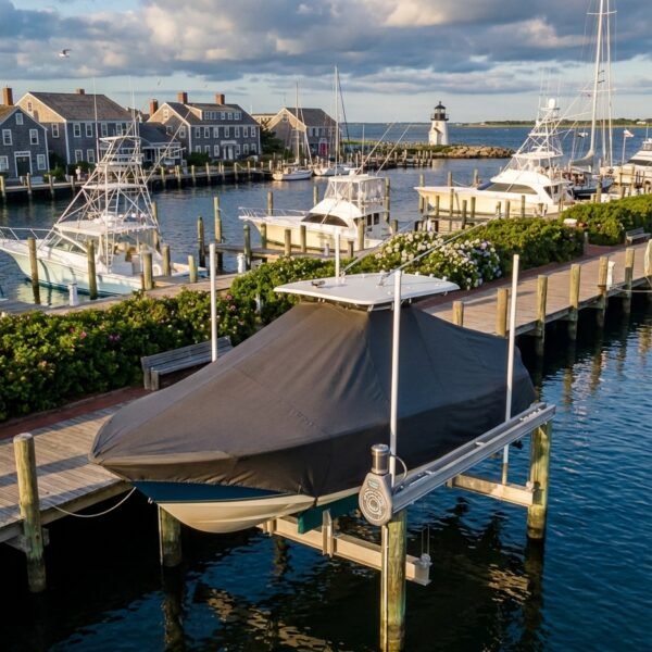 Scout 420 LXF T-Top boat cover in charcoal Sunbrella fabric on dock lift at Nantucket Massachusetts