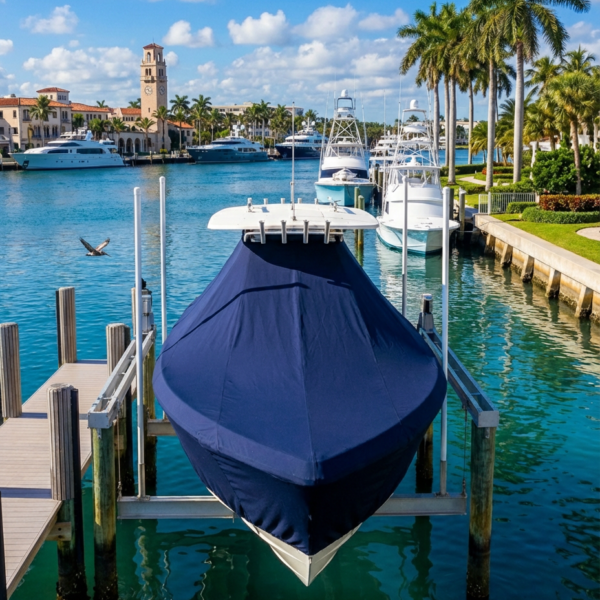 Scout 425 LXF T-Top boat cover in navy Sunbrella fabric on dock lift at Palm Beach Florida