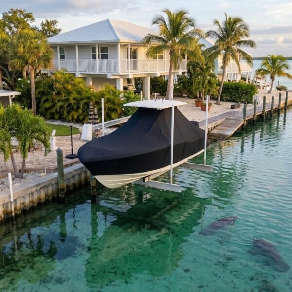 Scout 231 XSB T-Top boat cover in black Sunbrella fabric on dock lift at Homosassa Florida