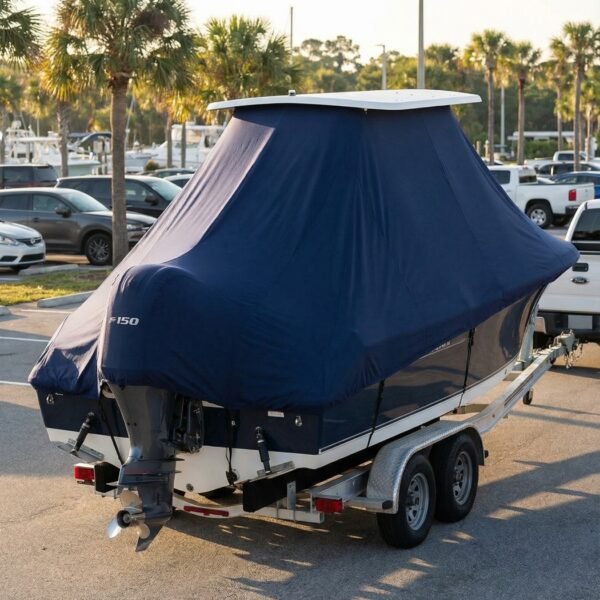 Sea Hunt 22 RZR T-Top boat cover in navy blue fitted over center console on trailer