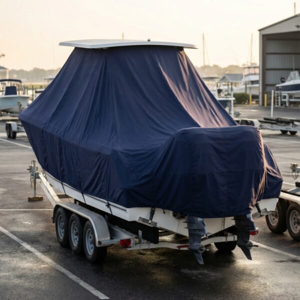 Sea Hunt 265 Ultra T-Top boat cover in navy, fitted over T-top and twin Yamaha outboards on trailer