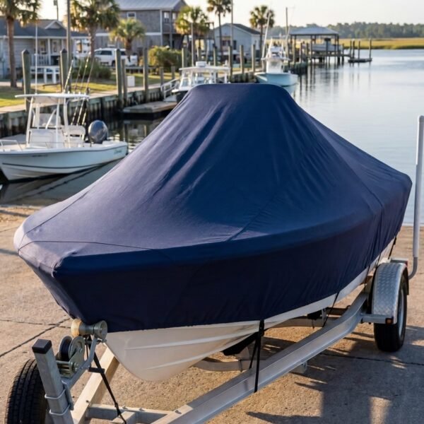 Sea Pro 1700 SV center console boat cover in Navy Sunbrella fabric on single-axle trailer at Calabash, NC boat ramp