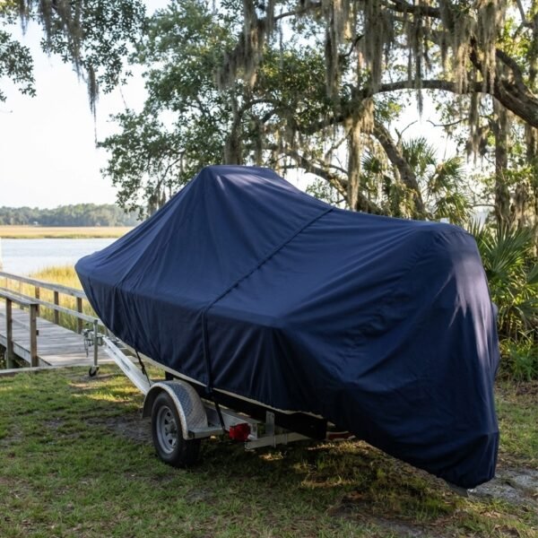 Sea Pro 172 center console boat cover in Navy Sunbrella fabric on single-axle trailer at Bluffton, SC