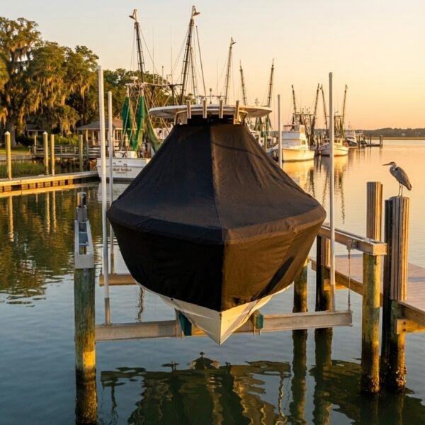 Sea Pro 180 T-Top boat cover in Black Sunbrella fabric on dock lift at Beaufort, SC