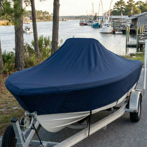 Sea Pro 190 center console boat cover in Navy Sunbrella fabric on single-axle trailer at Little River, SC