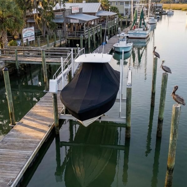Sea Pro 190 T-Top boat cover in Black Sunbrella fabric on dock lift at Shem Creek, Charleston, SC