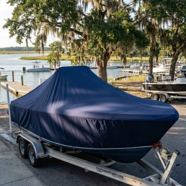 Sea Pro 1900 Mirage SV center console boat cover in Navy Sunbrella fabric on tandem-axle trailer at North Myrtle Beach, SC