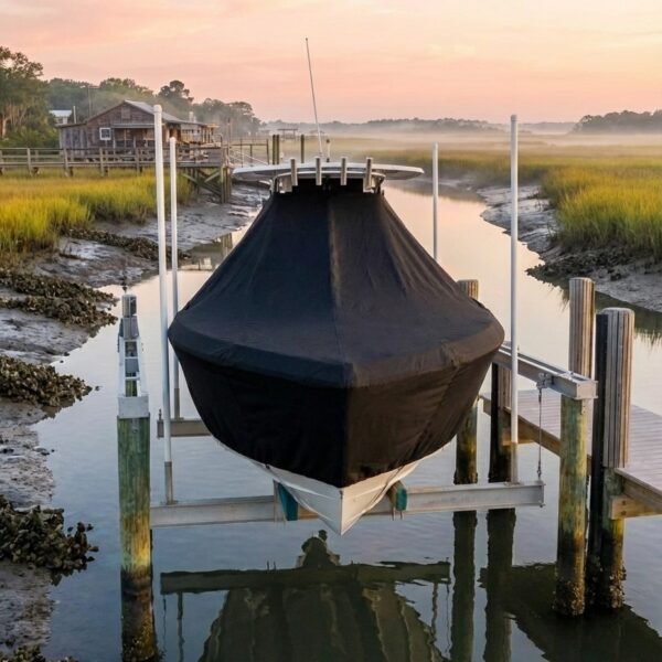 Sea Pro 1900 SV T-Top boat cover in Black Sunbrella fabric on dock lift at Murrells Inlet, SC