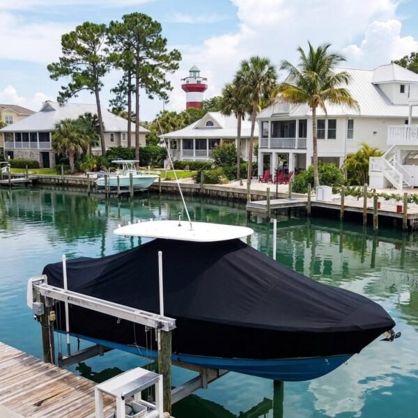 Sea Pro 199 T-Top boat cover in Black Sunbrella fabric on canal lift at Hilton Head Island, SC