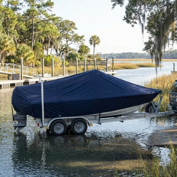 Sea Pro 208 center console boat cover in Navy Sunbrella fabric on single-axle trailer at Fripp Island, SC