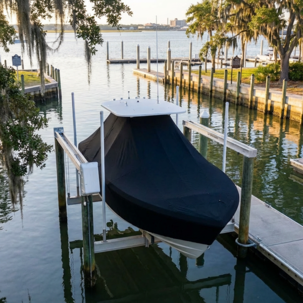 Sea Pro 208 T-Top boat cover in Black Sunbrella fabric on dock lift at Mount Pleasant, SC marina