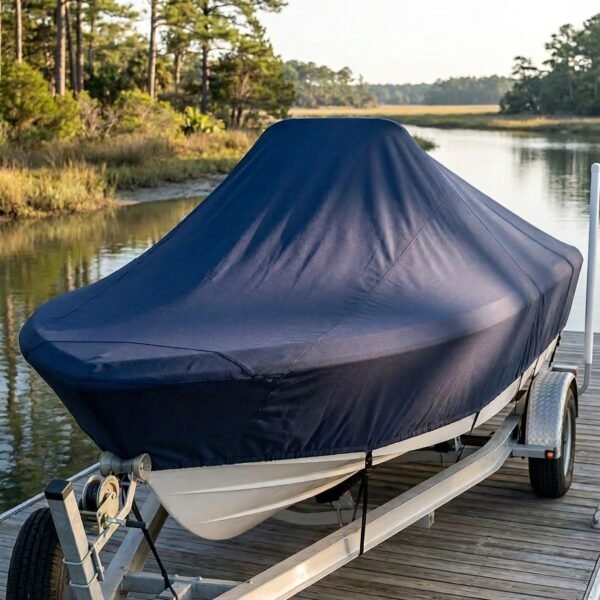 Sea Pro 2100 SV center console boat cover in Navy Sunbrella fabric on tandem-axle trailer at Awendaw, SC