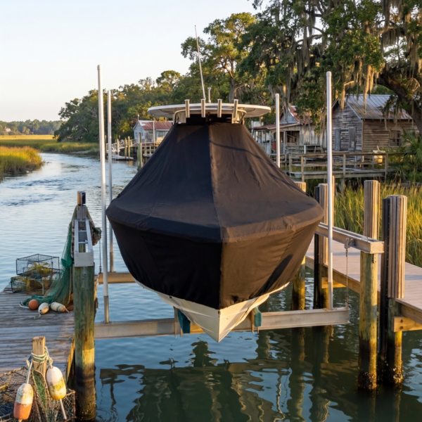 Sea Pro 219 T-Top boat cover in Black Sunbrella fabric on dock lift at Pawleys Island, SC fish camp