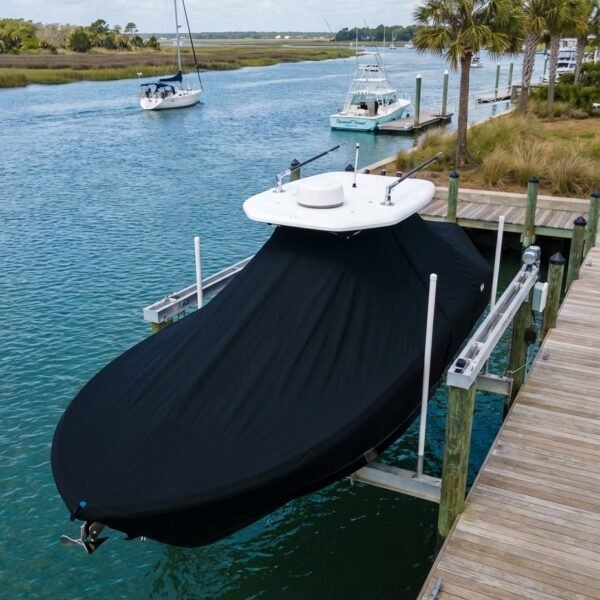 Sea Pro 220 T-Top boat cover in Black Sunbrella fabric on dock lift at Isle of Palms, SC marina