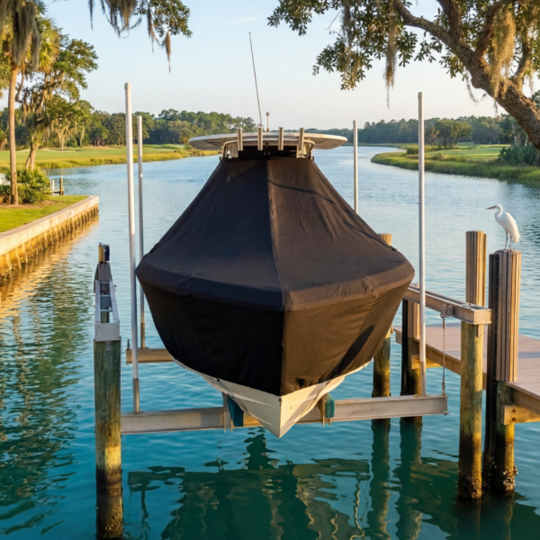 Sea Pro 228 Bay T-Top boat cover in Black Sunbrella fabric on dock lift at Kiawah Island, SC marina