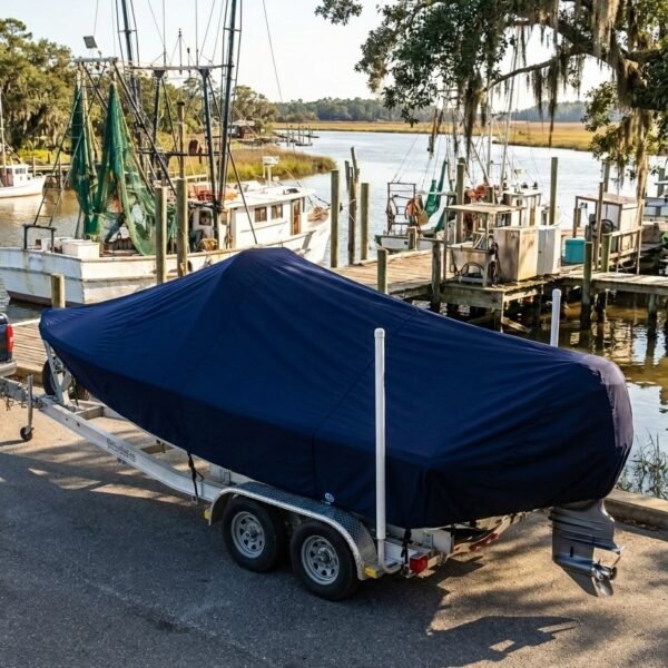 Sea Pro 228 center console boat cover in Navy Sunbrella fabric on tandem-axle trailer at McClellanville, SC