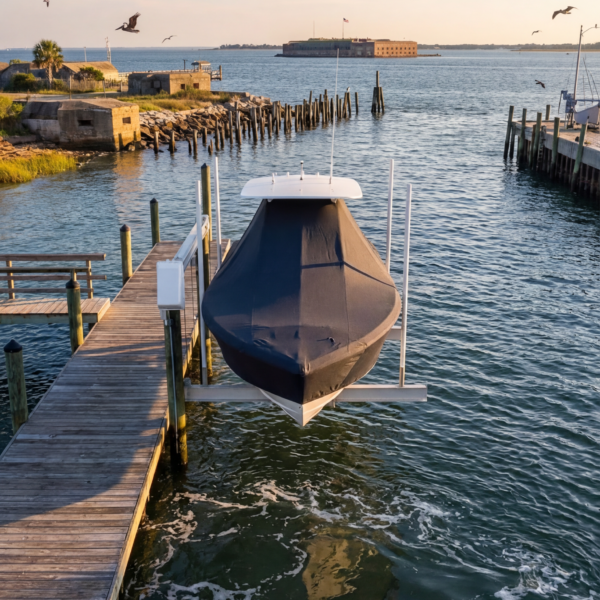 Sea Pro 2300 SV T-Top boat cover in Charcoal Sunbrella fabric on dock lift at Sullivan's Island, SC