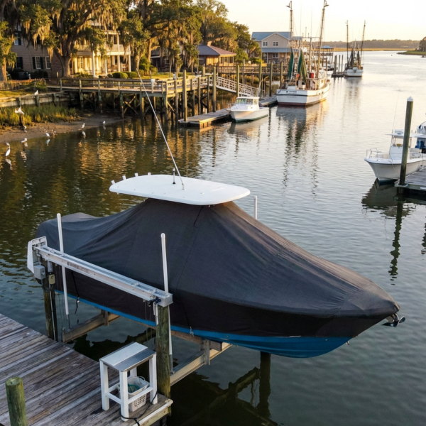 Sea Pro 235 T-Top boat cover in Charcoal Sunbrella fabric on canal lift at Savannah, GA marina