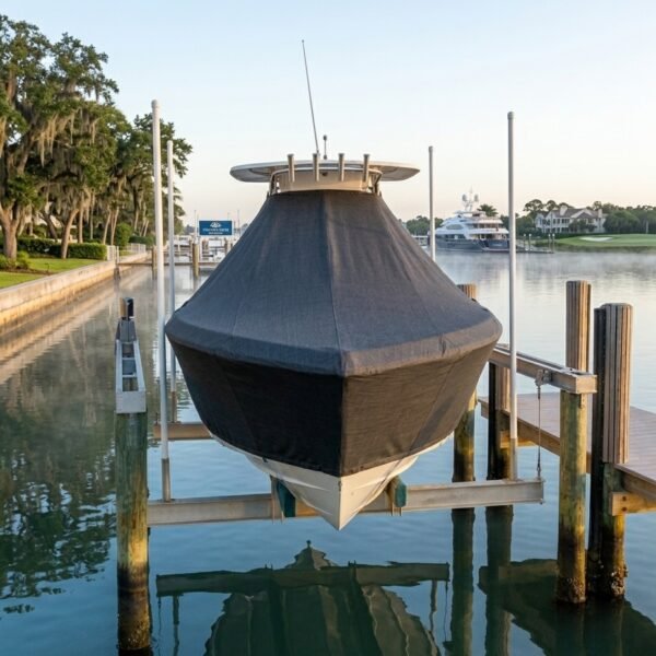 Sea Pro 238 T-Top boat cover in Charcoal Sunbrella fabric on dock lift at St. Simons Island, GA