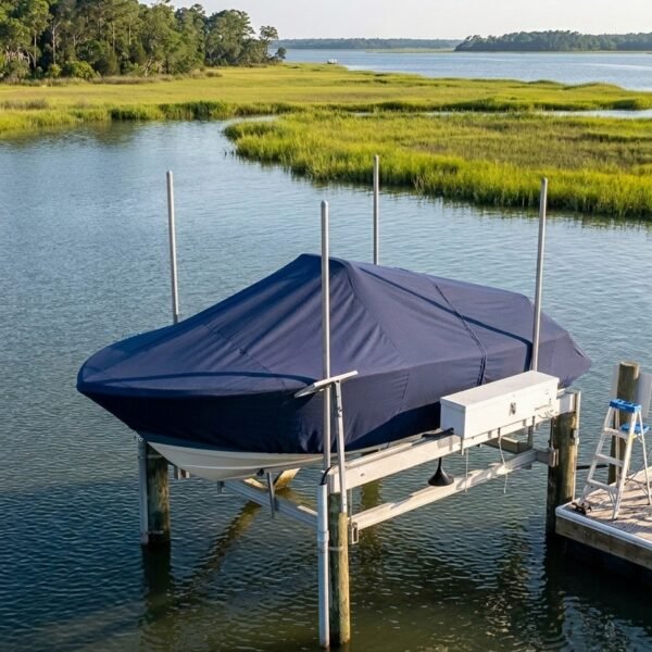 Sea Pro 239 center console boat cover in Navy Sunbrella fabric on dock lift at Daufuskie Island, SC