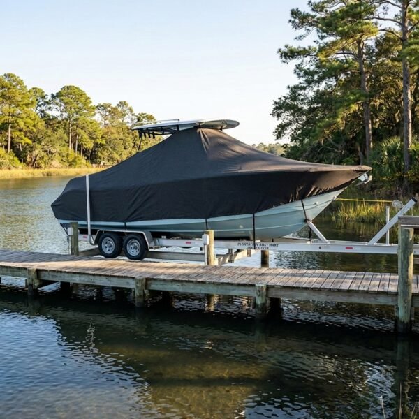 Sea Pro 239 T-Top boat cover in Charcoal Sunbrella fabric on trailer at Jekyll Island, GA