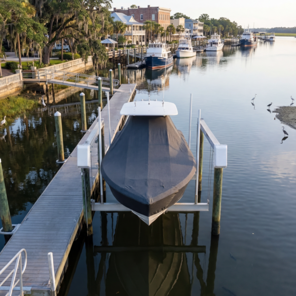 Sea Pro 2400 SV Bay T-Top boat cover in Charcoal Sunbrella fabric on dock lift at Fernandina Beach, FL