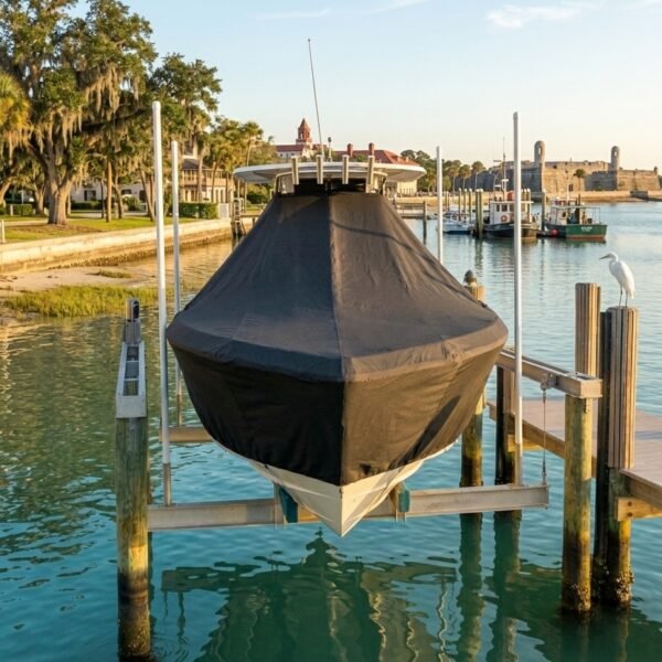 Sea Pro 248 Bay T-Top boat cover in Charcoal Sunbrella fabric on dock lift at St. Augustine, FL