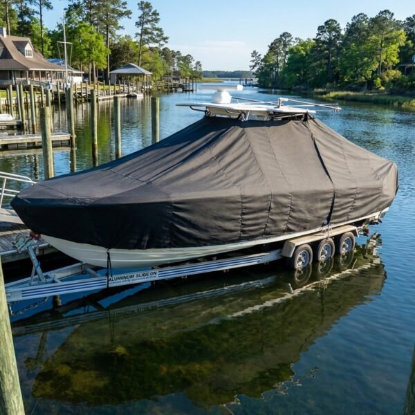 Sea Pro 255 T-Top boat cover in Charcoal Sunbrella fabric on trailer at Wilmington, NC