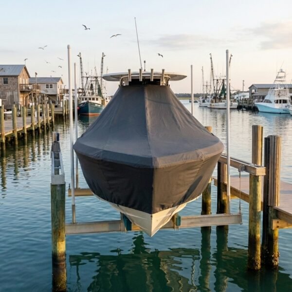 Sea Pro 259 T-Top boat cover in Charcoal Sunbrella fabric on dock lift at Morehead City, NC