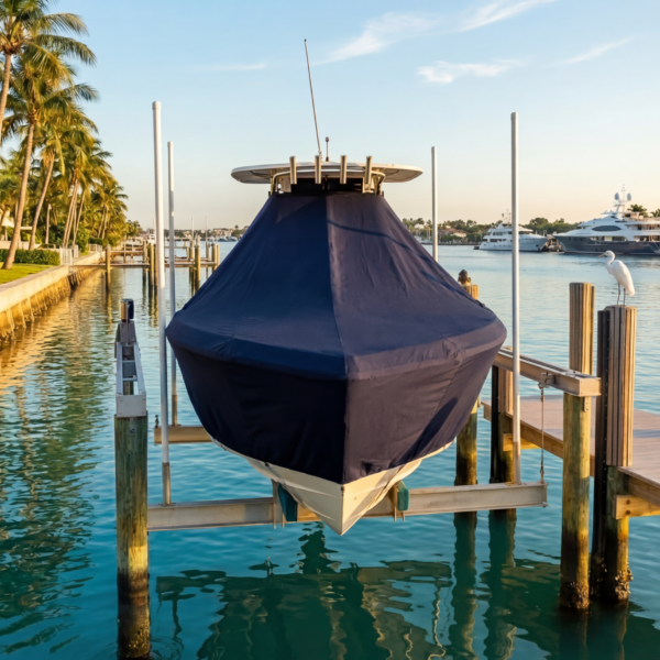 Sea Pro 320 DLX T-Top boat cover in Navy Sunbrella fabric on dock lift at Myrtle Beach, SC