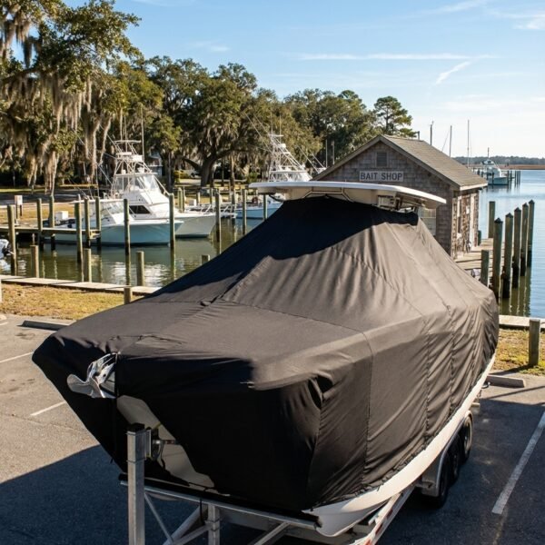 World Cat 230 CC catamaran boat cover in black Sunbrella fabric on trailer at Morehead City North Carolina harbor