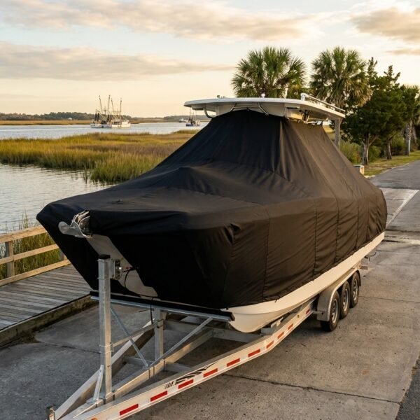 World Cat 230 SD catamaran boat cover in black Sunbrella fabric on trailer at Wilmington North Carolina Intracoastal Waterway