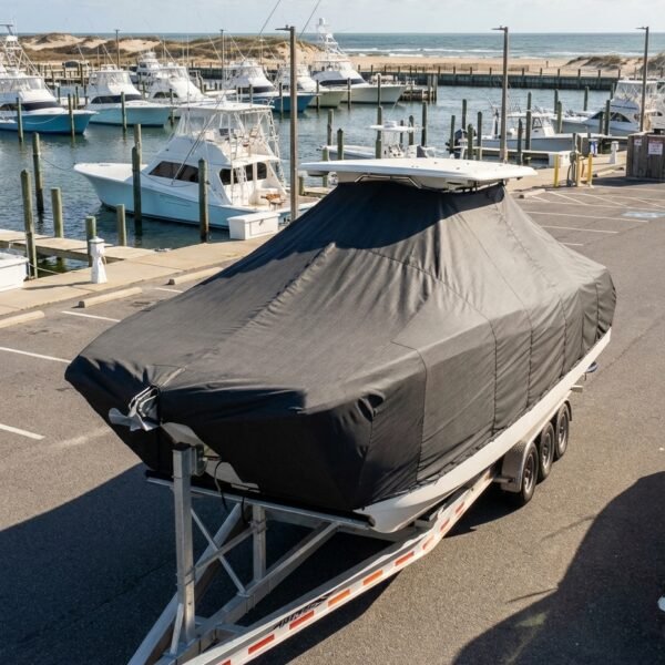 World Cat 235 CC catamaran boat cover in charcoal Sunbrella fabric on trailer at Hatteras North Carolina harbor